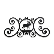Moose Door Plaque - Perfect For Your Home, featuring a black metal silhouette of a moose with ornate scrollwork, ideal for entryway decor.