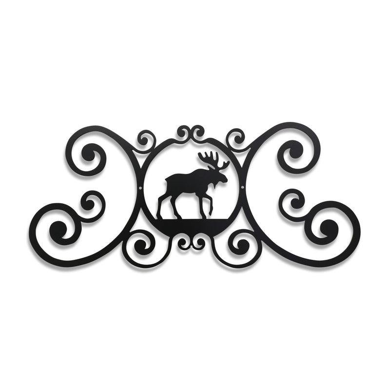 Moose Door Plaque - Perfect For Your Home, featuring a black metal silhouette of a moose with ornate scrollwork, ideal for entryway decor.