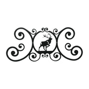 Elk Over Door Plaque in black metal with scroll design, 24x11 inches, ideal for rustic home or cabin wall decor.