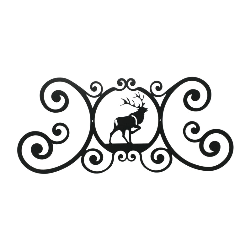 Elk Over Door Plaque in black metal with scroll design, 24x11 inches, ideal for rustic home or cabin wall decor.