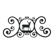 Deer Design Plaque - Door Plaque with Deer features a black metal silhouette of a deer in ornate scrollwork, ideal for rustic home decor.