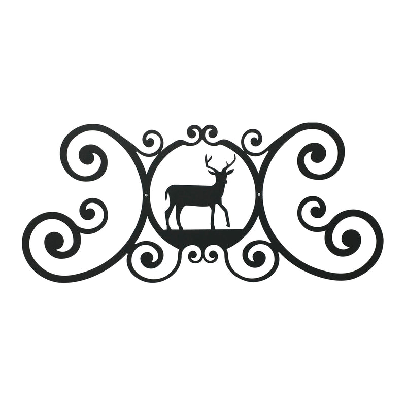 Deer Design Plaque - Door Plaque with Deer features a black metal silhouette of a deer in ornate scrollwork, ideal for rustic home decor.