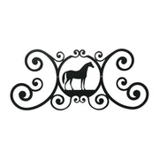 Decorative Horse Plaque - Enhance Door Elegance with this 24x11 inch black metal plaque featuring a horse silhouette and ornate scroll design.