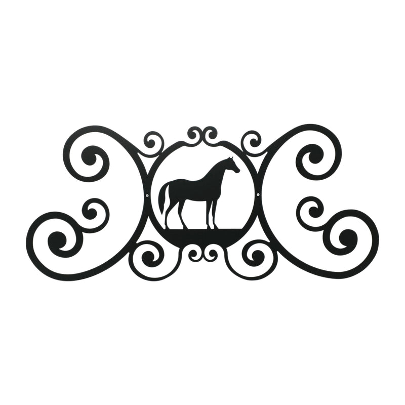 Decorative Horse Plaque - Enhance Door Elegance with this 24x11 inch black metal plaque featuring a horse silhouette and ornate scroll design.