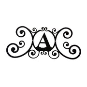 House Plaque Letter A - Stylish Decor | 24x11x3/64 In. black metal plaque with ornate scroll design for personalized home or garden decor.