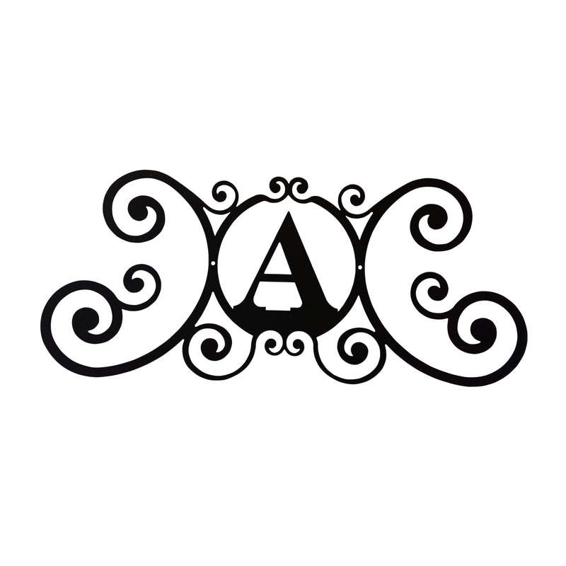 House Plaque Letter A - Stylish Decor | 24x11x3/64 In. black metal plaque with ornate scroll design for personalized home or garden decor.