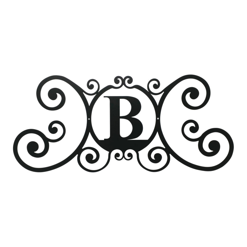 House Plaque B - Custom House Plaque B in black metal with scroll design, ideal for outdoor decor and enhancing curb appeal.