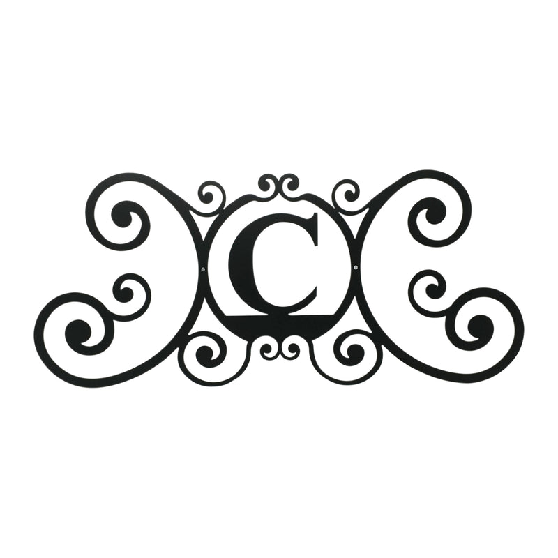 House Plaque Letter C | Decorative Address Sign with ornate scroll design in black metal, perfect for enhancing outdoor home decor.