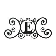House Plaque Letter E - Stylish Signage features a black decorative metal wall sign with ornate scrollwork, ideal for personalized home decor.