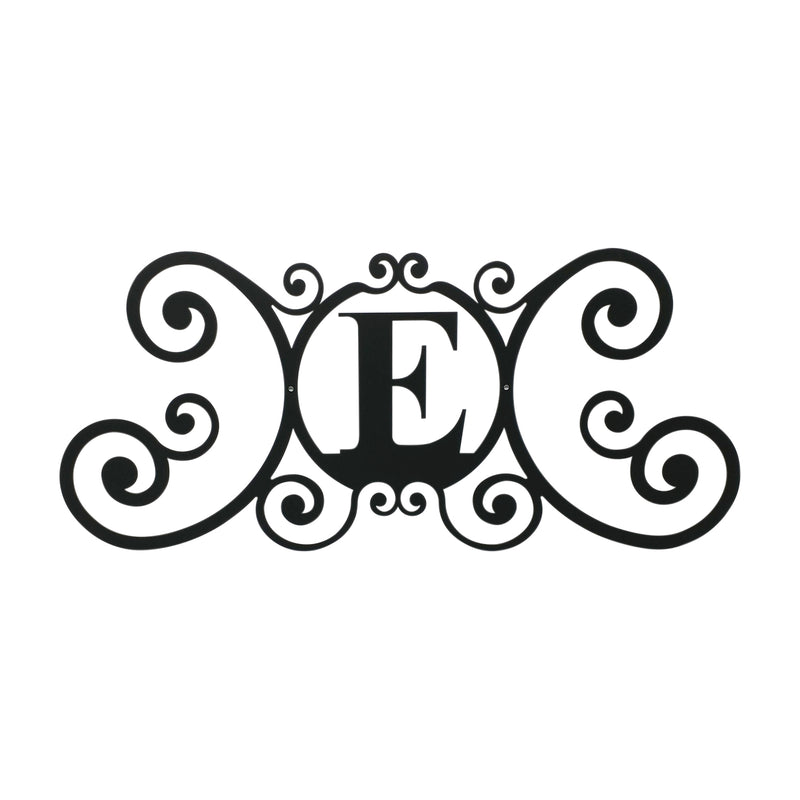 House Plaque Letter E - Stylish Signage features a black decorative metal wall sign with ornate scrollwork, ideal for personalized home decor.