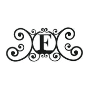 House Plaque Letter F in black metal with ornate scroll design, 24x11 inch decorative plaque for home entrances or outdoor walls.