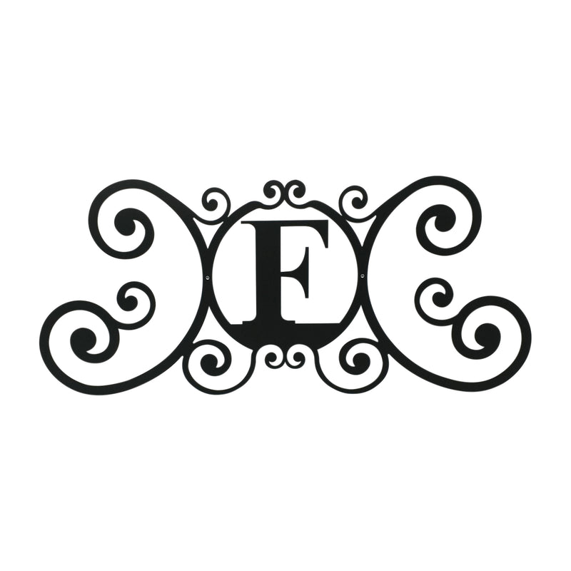 House Plaque Letter F in black metal with ornate scroll design, 24x11 inch decorative plaque for home entrances or outdoor walls.
