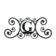 House Plaque Letter G - Large Size | 24" Width in black metal with ornate scroll design, ideal for outdoor home decor and entryway enhancement.