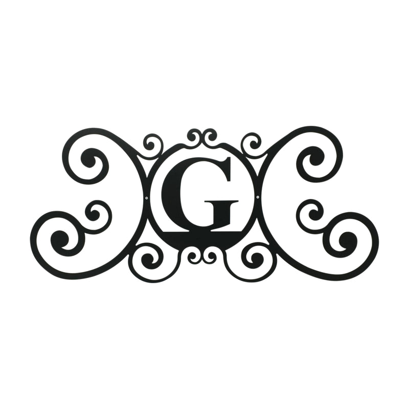 House Plaque Letter G - Large Size | 24" Width in black metal with ornate scroll design, ideal for outdoor home decor and entryway enhancement.