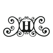 House Plaque Letter H - Custom House Plaque in black metal with ornate scroll design, 24x11 inches for outdoor home decor.