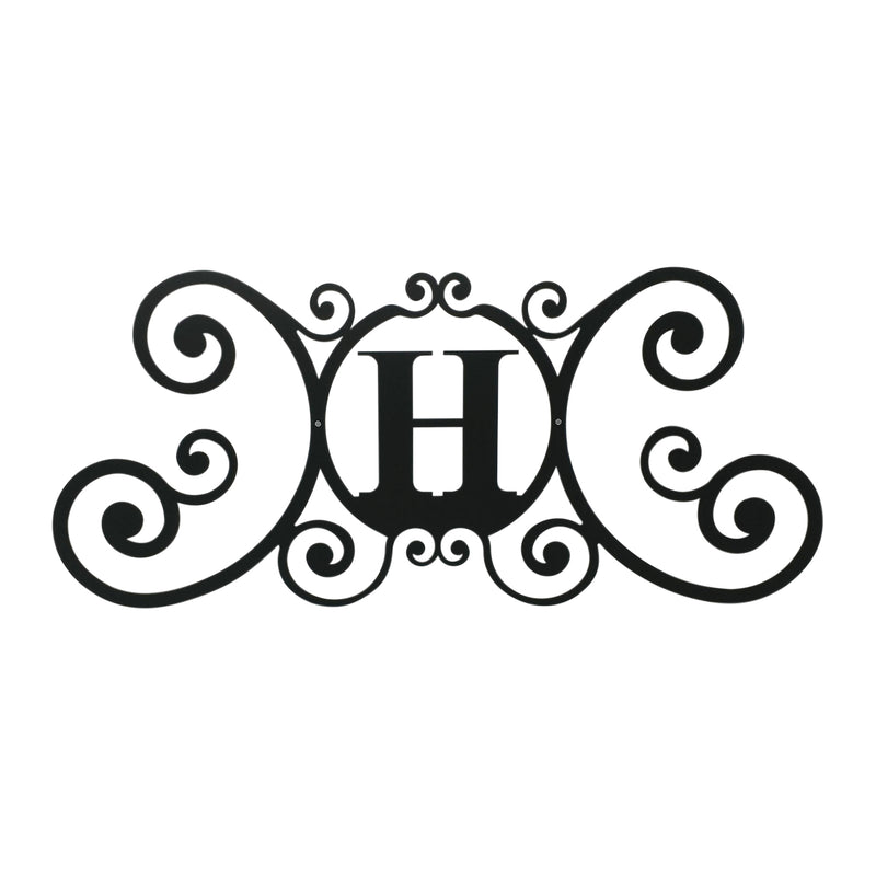 House Plaque Letter H - Custom House Plaque in black metal with ornate scroll design, 24x11 inches for outdoor home decor.