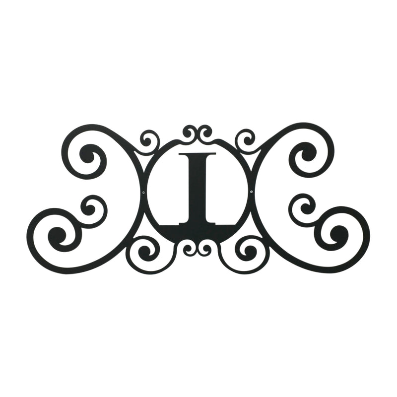 House Plaque Letter I - House Plaque Letter | 24x11 Inches in black metal with ornate scroll design, ideal for outdoor home decor.