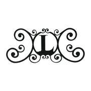 House Plaque Letter L Sign in black metal with elegant scroll design, 24x11 inches, ideal for outdoor decorative home display.