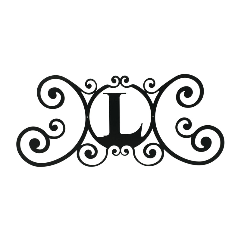 House Plaque Letter L Sign in black metal with elegant scroll design, 24x11 inches, ideal for outdoor decorative home display.