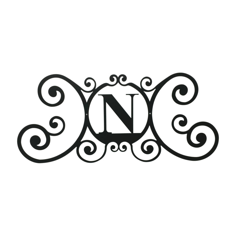 House Plaque Letter N - Custom House Letter Plaque in black metal with ornate scroll design, ideal for outdoor home decor and personalization.
