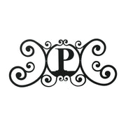 House Plaque Letter P in black metal with ornate scroll design, 24x11x3/64 inches, ideal for outdoor decorative use.