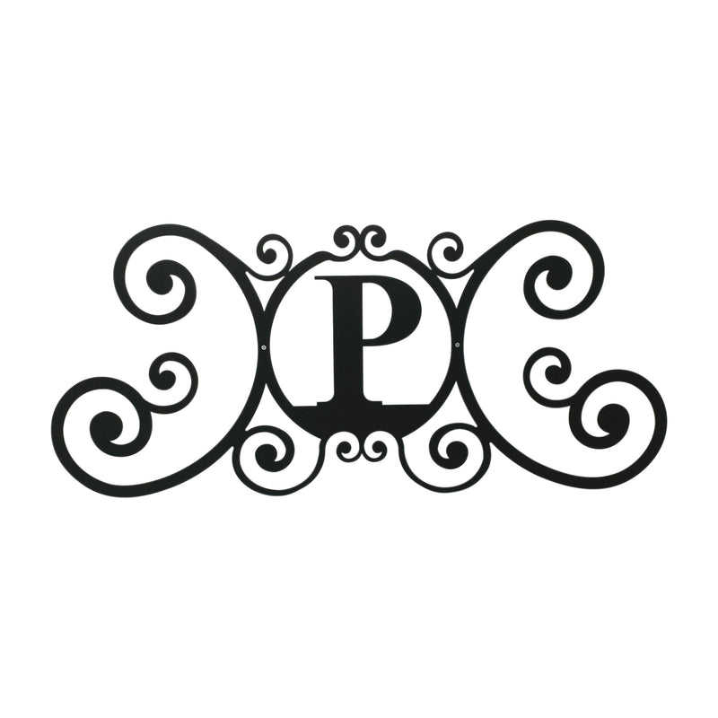 House Plaque Letter P in black metal with ornate scroll design, 24x11x3/64 inches, ideal for outdoor decorative use.