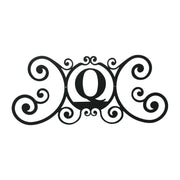 House Plaque Letter Q in black metal with ornate scroll design, ideal for outdoor home decor or garden personalization, 24x11 inches.