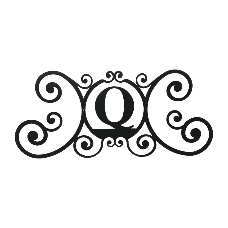 House Plaque Letter Q in black metal with ornate scroll design, ideal for outdoor home decor or garden personalization, 24x11 inches.