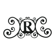House Plaque Letter R - Elegant Home Decor in black metal with ornate scroll design, perfect for outdoor or indoor wall display.