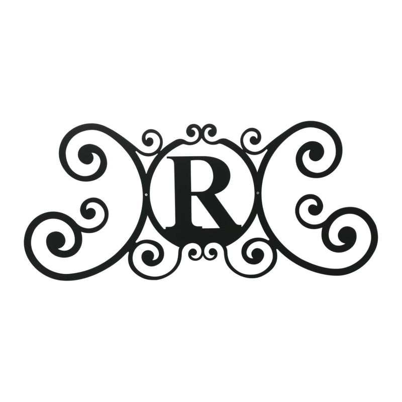 House Plaque Letter R - Elegant Home Decor in black metal with ornate scroll design, perfect for outdoor or indoor wall display.