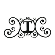 House Plaque Letter T - Custom Design in black metal with scrollwork, 24x11x0.046 in, ideal for home entrances or garden decor.