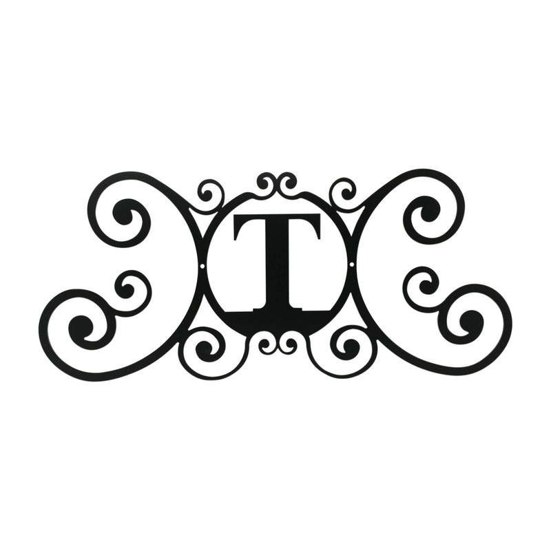 House Plaque Letter T - Custom Design in black metal with scrollwork, 24x11x0.046 in, ideal for home entrances or garden decor.