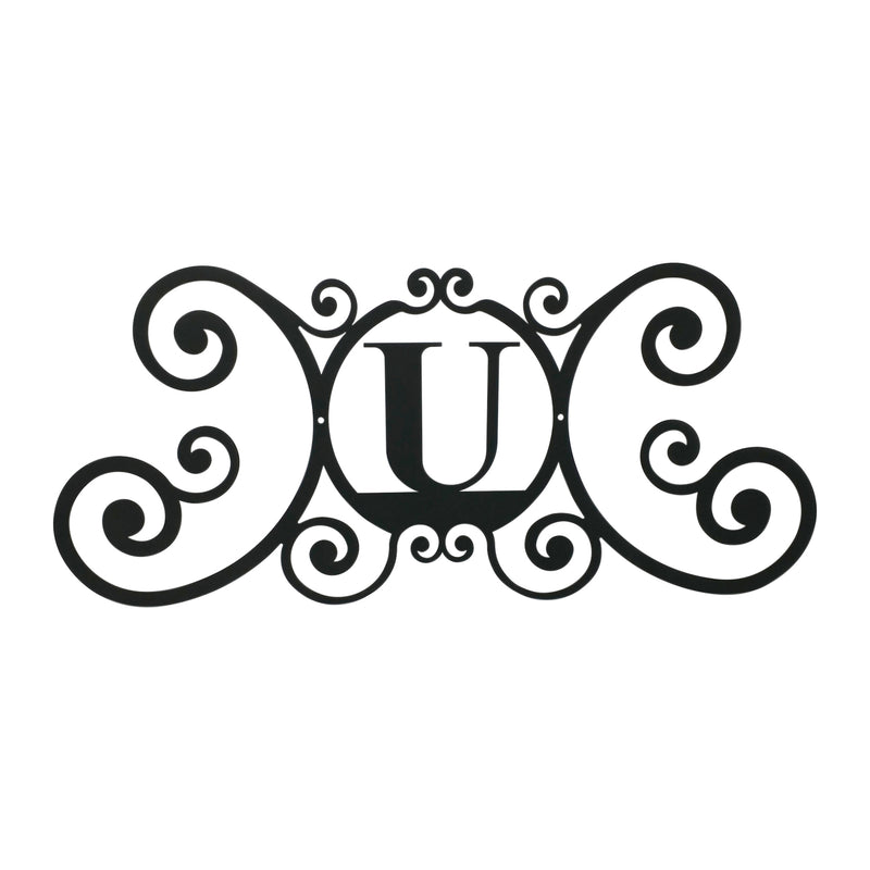 House Plaque Letter U - Decorative Plaque in black metal with elegant scroll design, perfect for enhancing home decor indoors or outdoors.