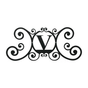 House Plaque Letter V Sign with elegant scroll design, 24x11 inches. Durable black metal plaque for outdoor home decor.