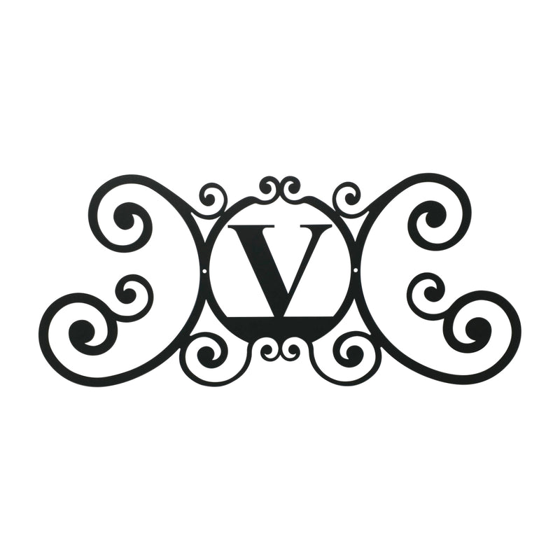 House Plaque Letter V Sign with elegant scroll design, 24x11 inches. Durable black metal plaque for outdoor home decor.