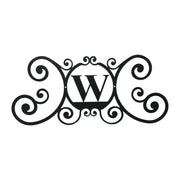 House Plaque Letter W - Custom Letter W Plaque in black metal with ornate scroll design, ideal for outdoor home decor or personalized entryway signage.