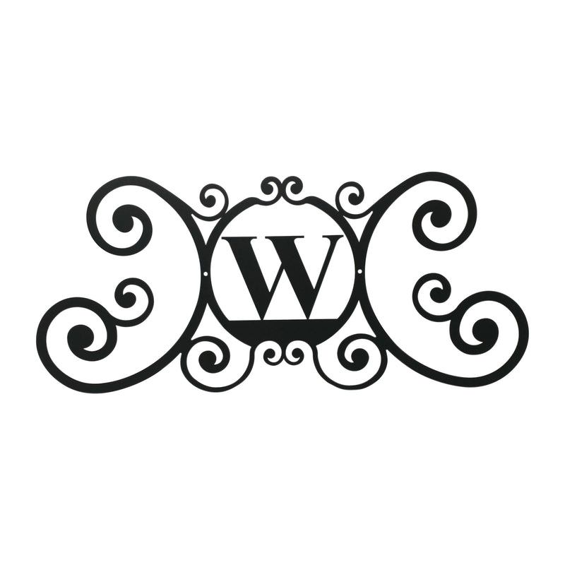 House Plaque Letter W - Custom Letter W Plaque in black metal with ornate scroll design, ideal for outdoor home decor or personalized entryway signage.