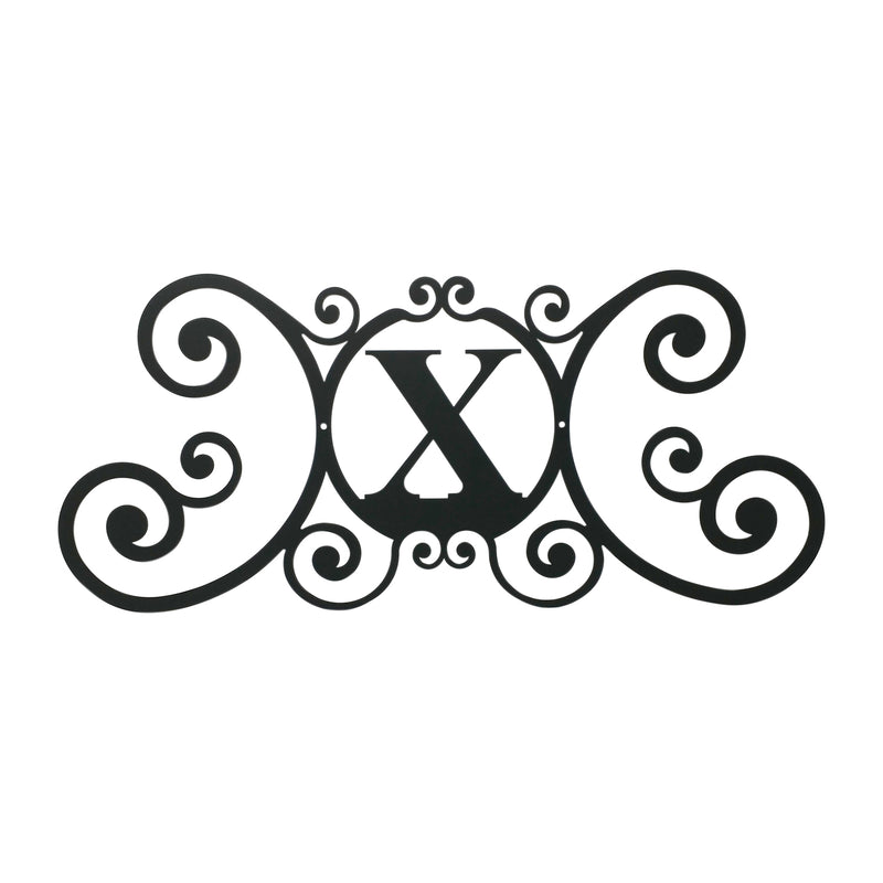 House Plaque X - Letter | 24x11 Size features ornate scrollwork with a bold 'X' centerpiece, ideal for outdoor or indoor home decor.