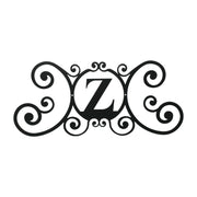 Decorative House Plaque Letter Z in black metal with scroll design, 24x11 inches, ideal for outdoor home decor and personalized entrances.