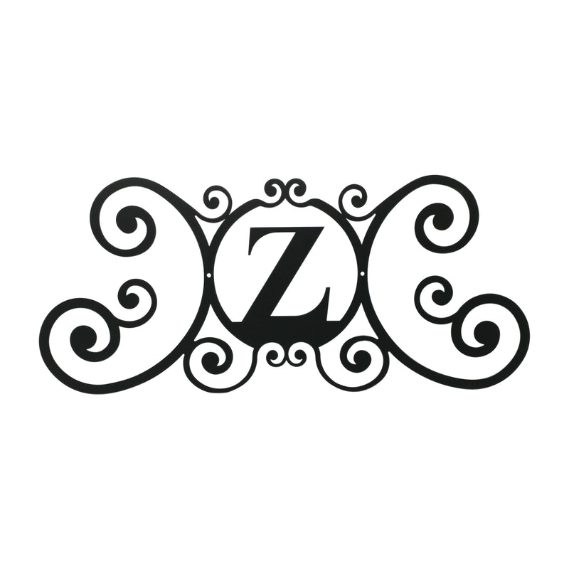 Decorative House Plaque Letter Z in black metal with scroll design, 24x11 inches, ideal for outdoor home decor and personalized entrances.