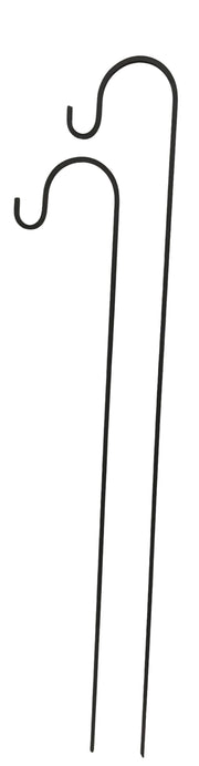 Two 50-inch tall black solid iron lawn hooks side by side, ideal for hanging multiple garden ornaments or planters.