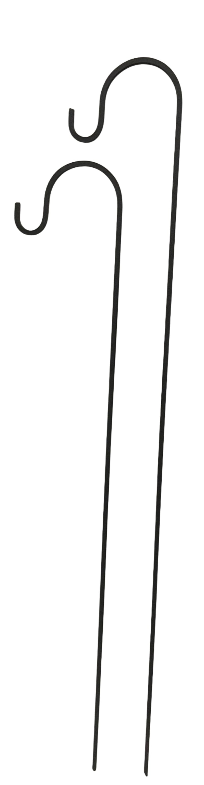 Two 50-inch tall black solid iron lawn hooks side by side, ideal for hanging multiple garden ornaments or planters.