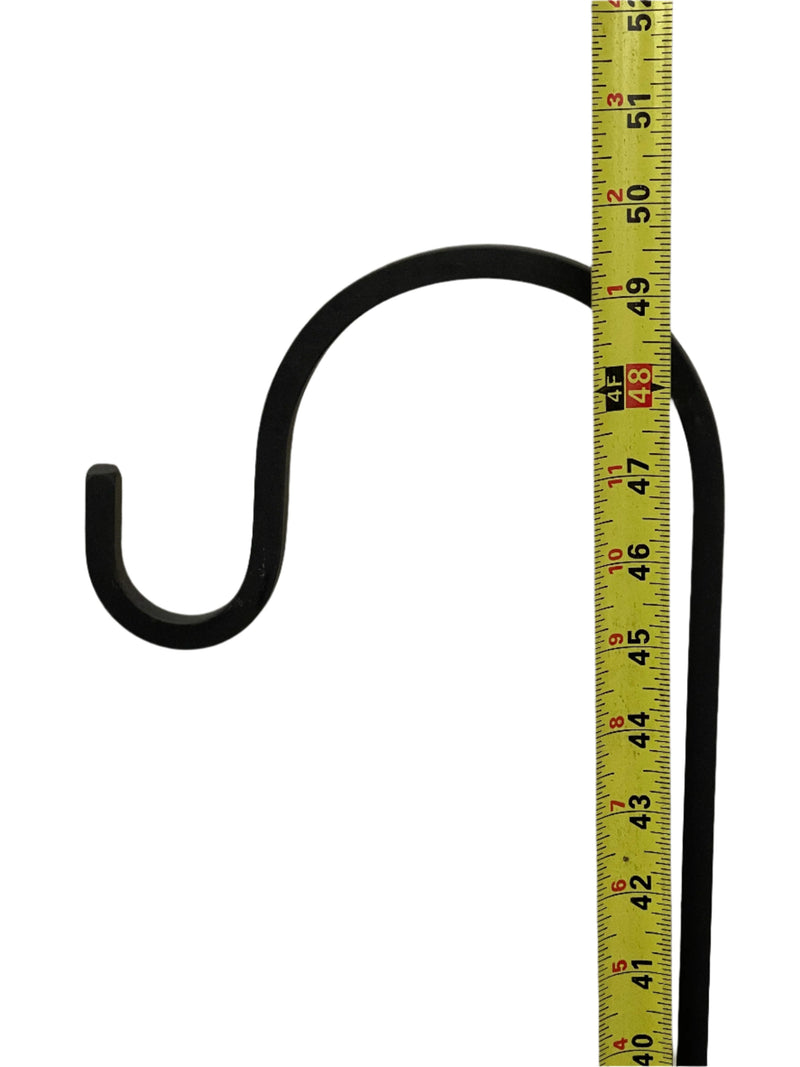 50-inch lawn hook made of 3/8-inch square solid iron shown with measuring tape for height reference. Ideal for hanging garden decor.