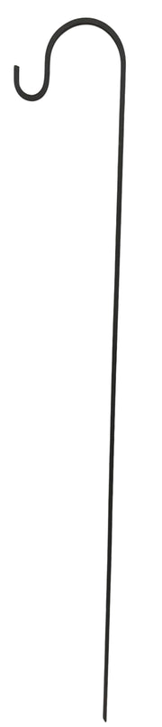 Full view of single 56"H Lawn Hook - 3/8" Solid Square Iron, sleek black metal plant hanger for outdoor garden decoration.