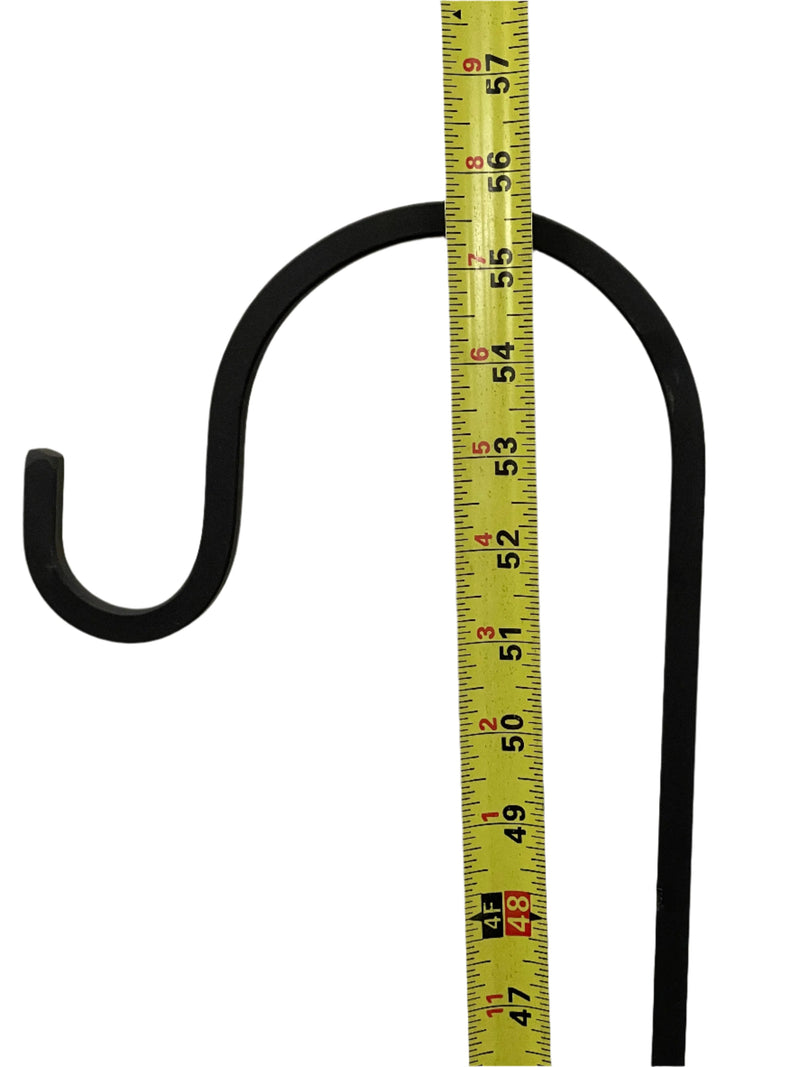 Close-up of 56"H Lawn Hook - 3/8" Solid Square Iron with measuring tape showing height for plant hanger use in garden decor.