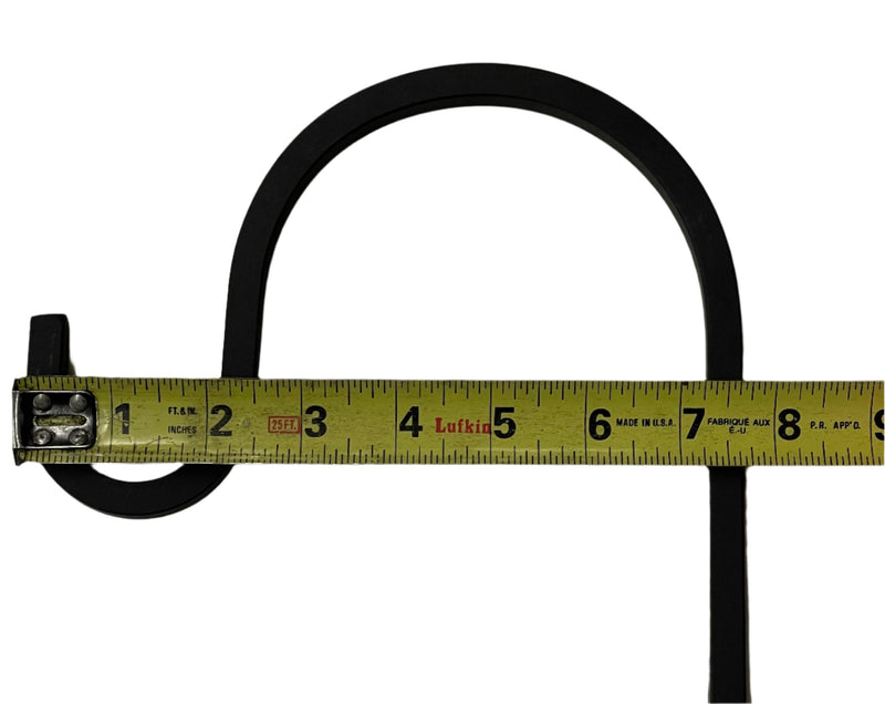 Top curve of 50-inch lawn hook measured with tape for width, highlighting sturdy 3/8-inch square iron construction.