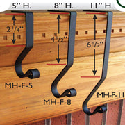 Comparison of 5, 8, and 11 In mantel hooks in black finish, showcasing height and fit for different mantel sizes in holiday decor setups.