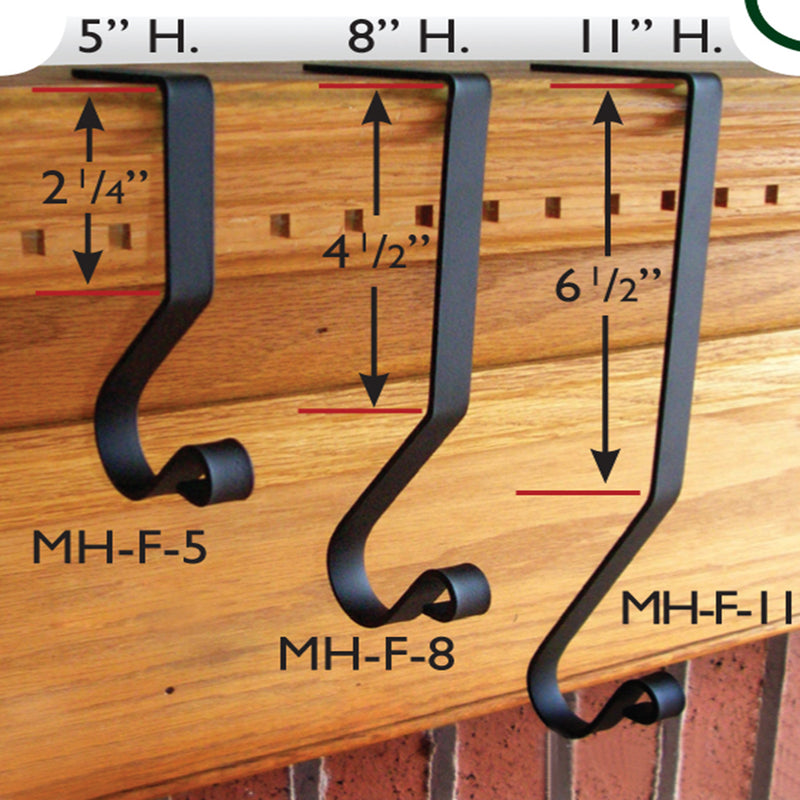 Comparison of 5, 8, and 11 In mantel hooks in black finish, showcasing height and fit for different mantel sizes in holiday decor setups.