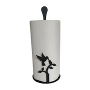 Hummingbird Paper Towel Stand with black metal silhouette of a bird and branch, ideal for kitchen organization and decor.