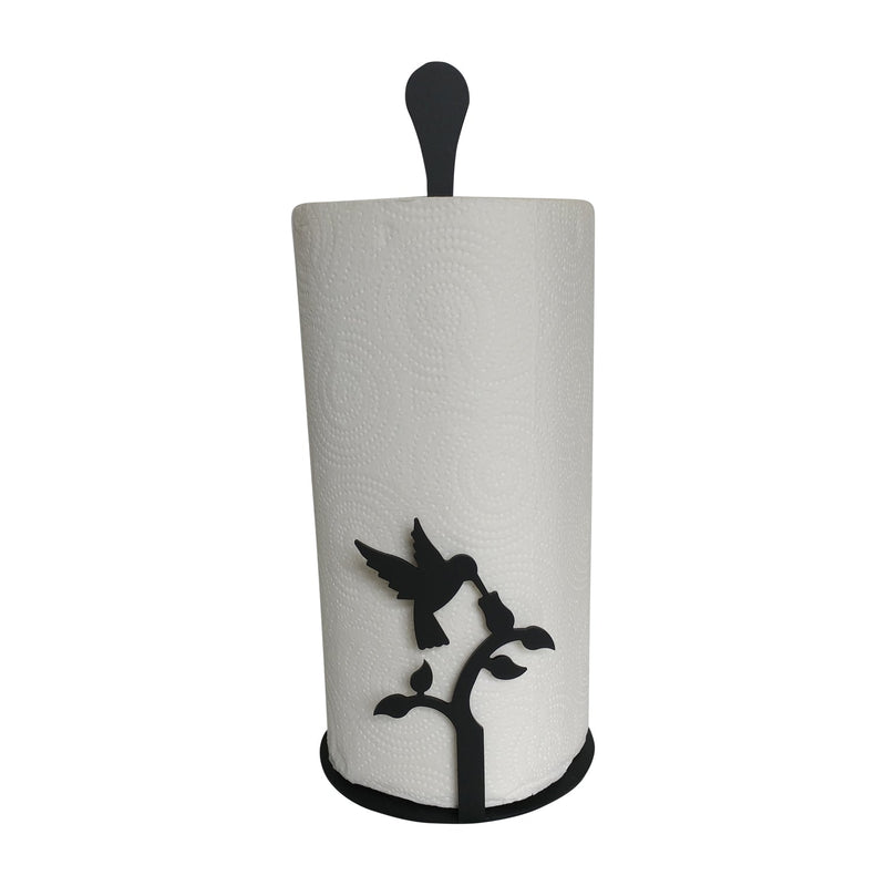 Hummingbird Paper Towel Stand with black metal silhouette of a bird and branch, ideal for kitchen organization and decor.